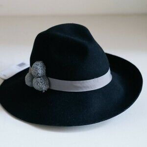 August Hat Company Black Wool Hat w Grey Pom Poms